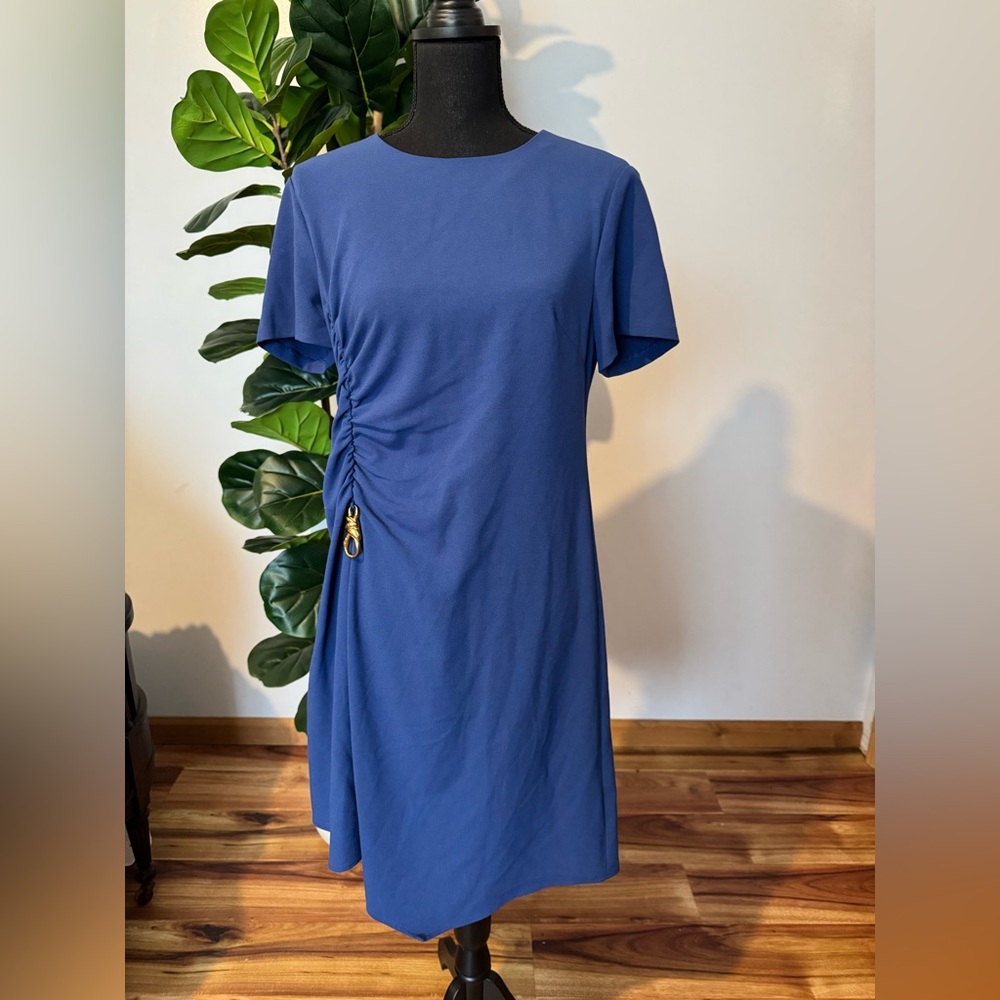 Donna Karan Royal Blue Short-Sleeve Ruched Midi Dress